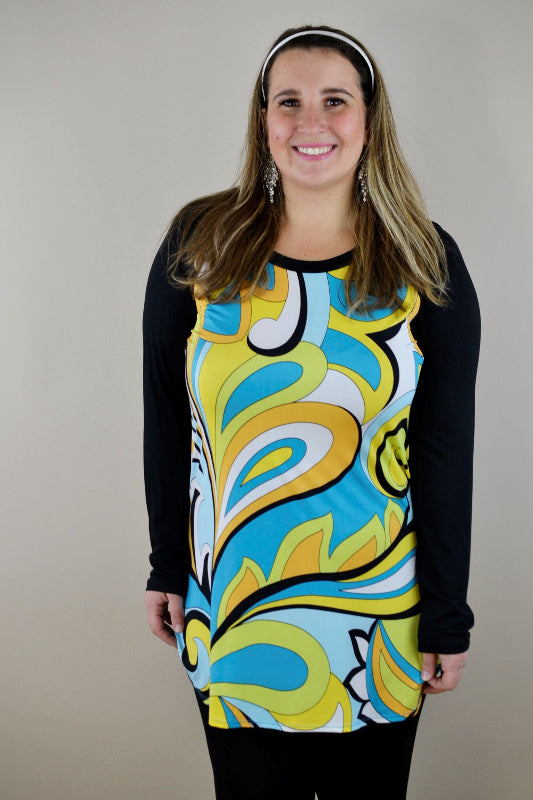 Mod Swirl Stretchy Plus Raglan Tunic - Multicolor Black