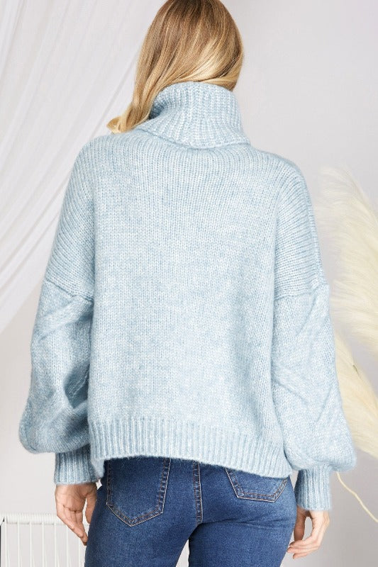 She + Sky Turtle Cable Knit Sweater Top - Lt Blue