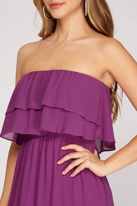 Strapless Tube Tiered Maxi Dress - Magenta Purple