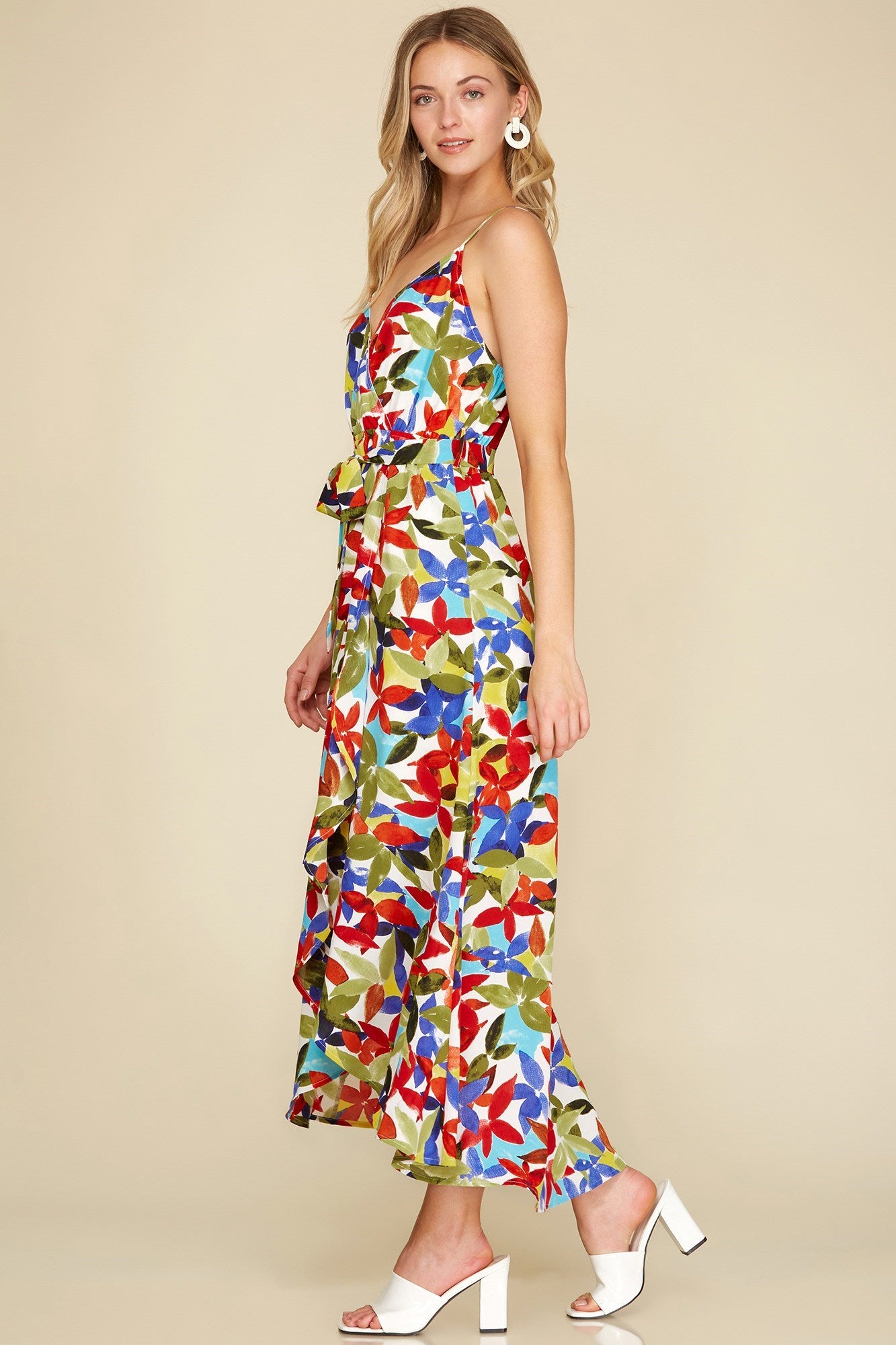 *SUMMER SALE Tropical Floral Hi Lo Midi Dress with Belt - Off White Multi