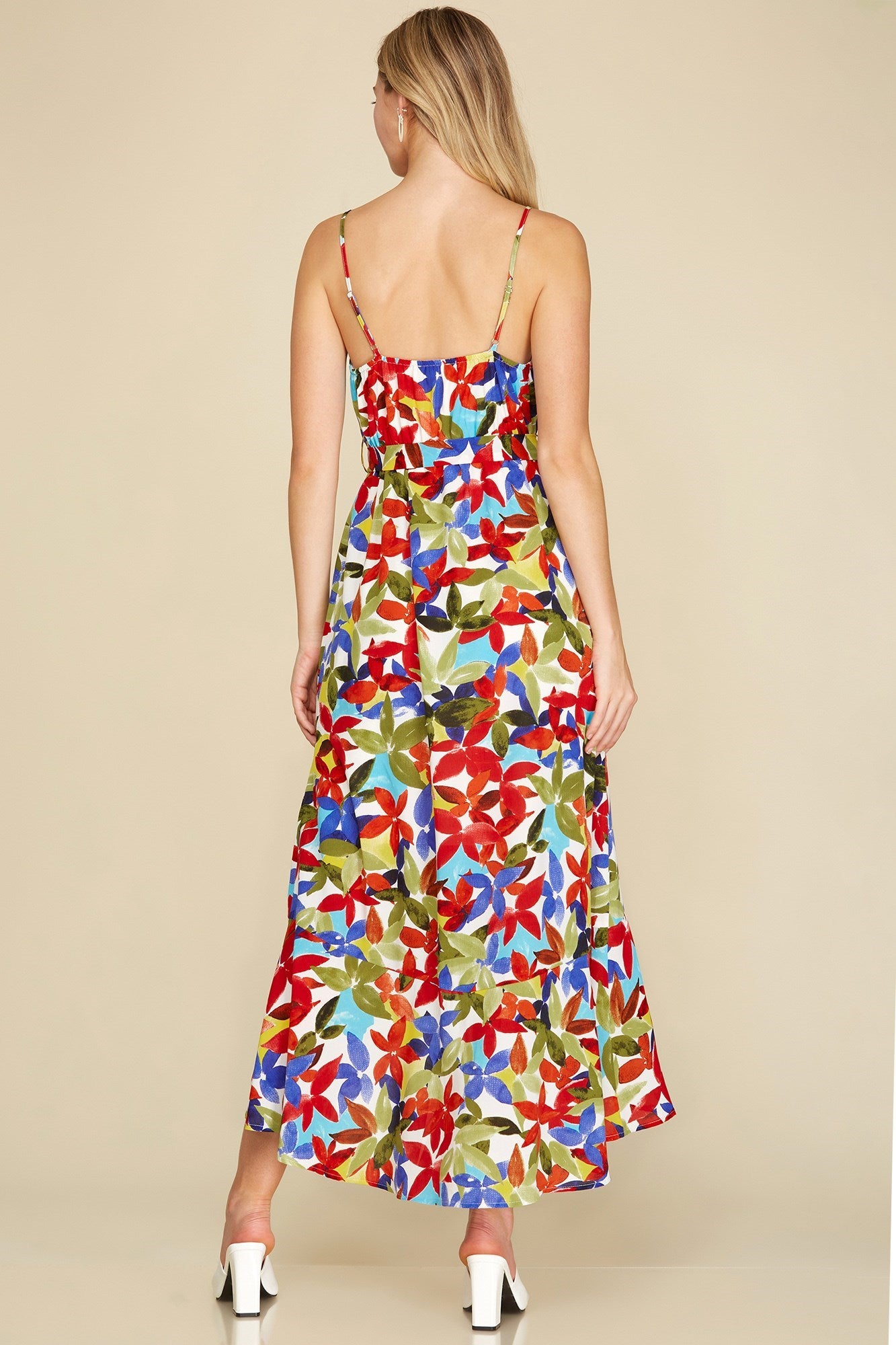 *SUMMER SALE Tropical Floral Hi Lo Midi Dress with Belt - Off White Multi