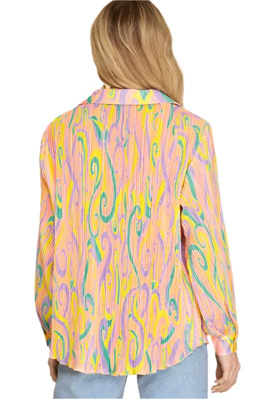 Candy Print Plisse Shirt Blouse - Banana/Pink