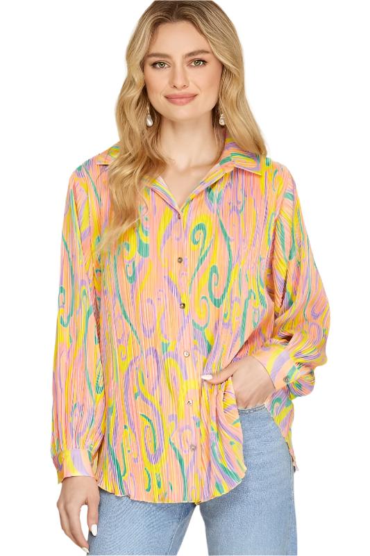 Candy Print Plisse Shirt Blouse - Banana/Pink