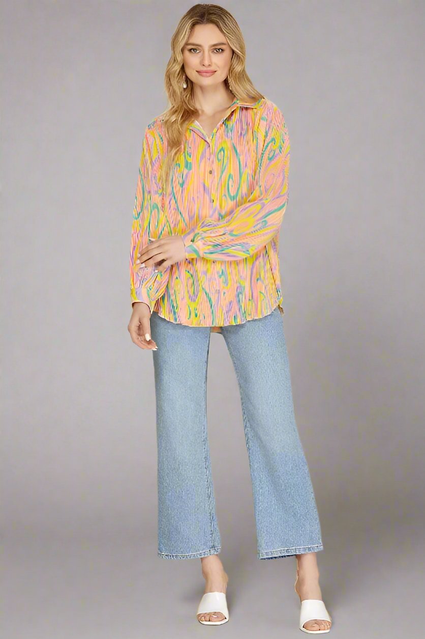 Candy Print Plisse Shirt Blouse - Banana/Pink