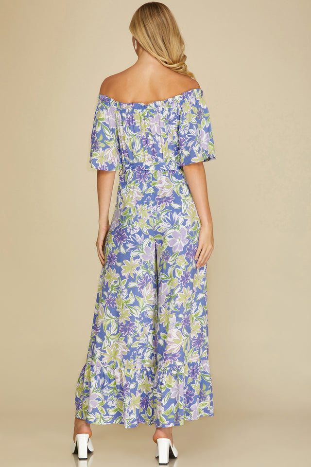 She + Sky Ruffled Off Shoulder Flowy Jumpsuit - Violet Blue