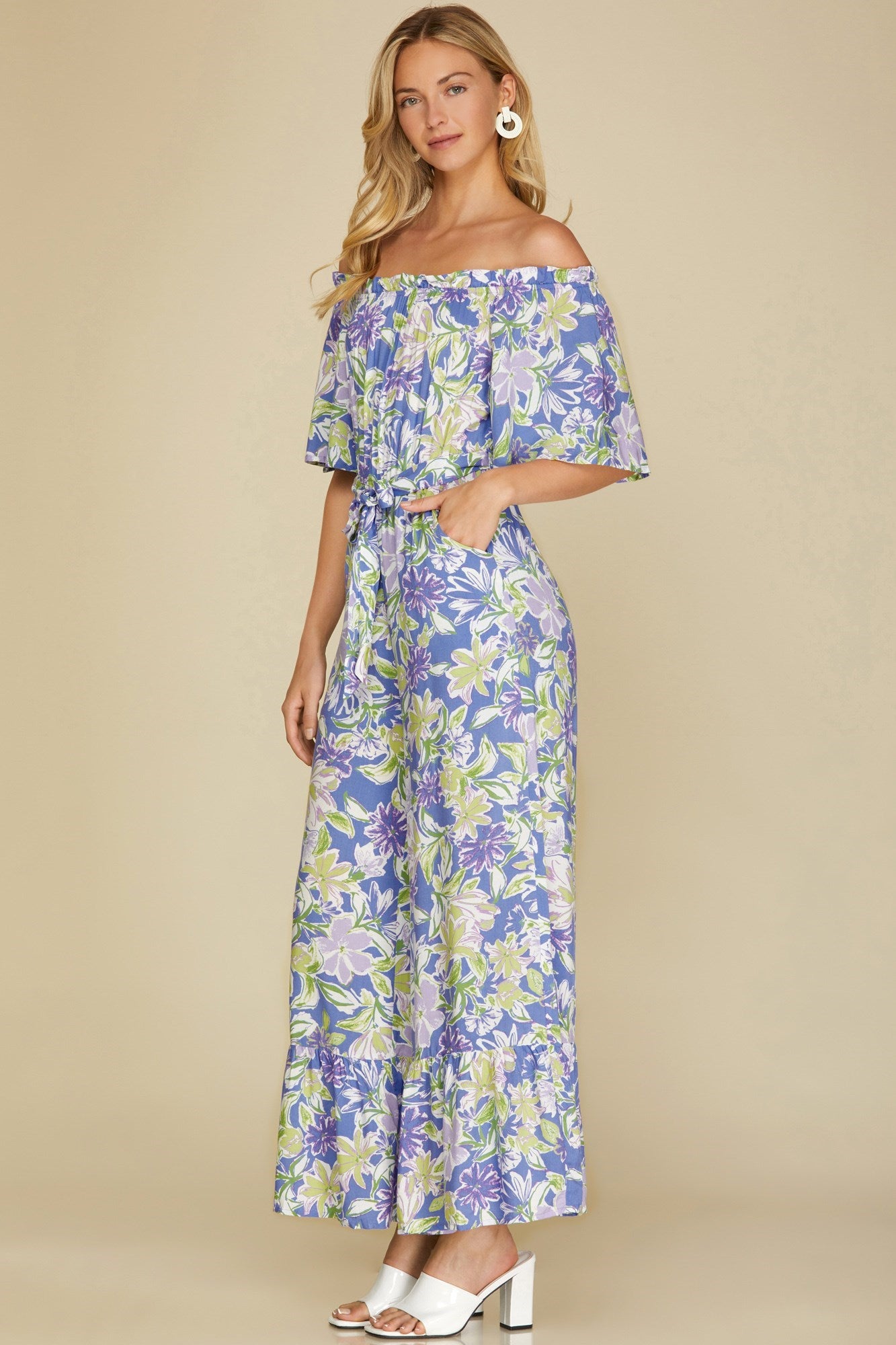 She + Sky Ruffled Off Shoulder Flowy Jumpsuit - Violet Blue