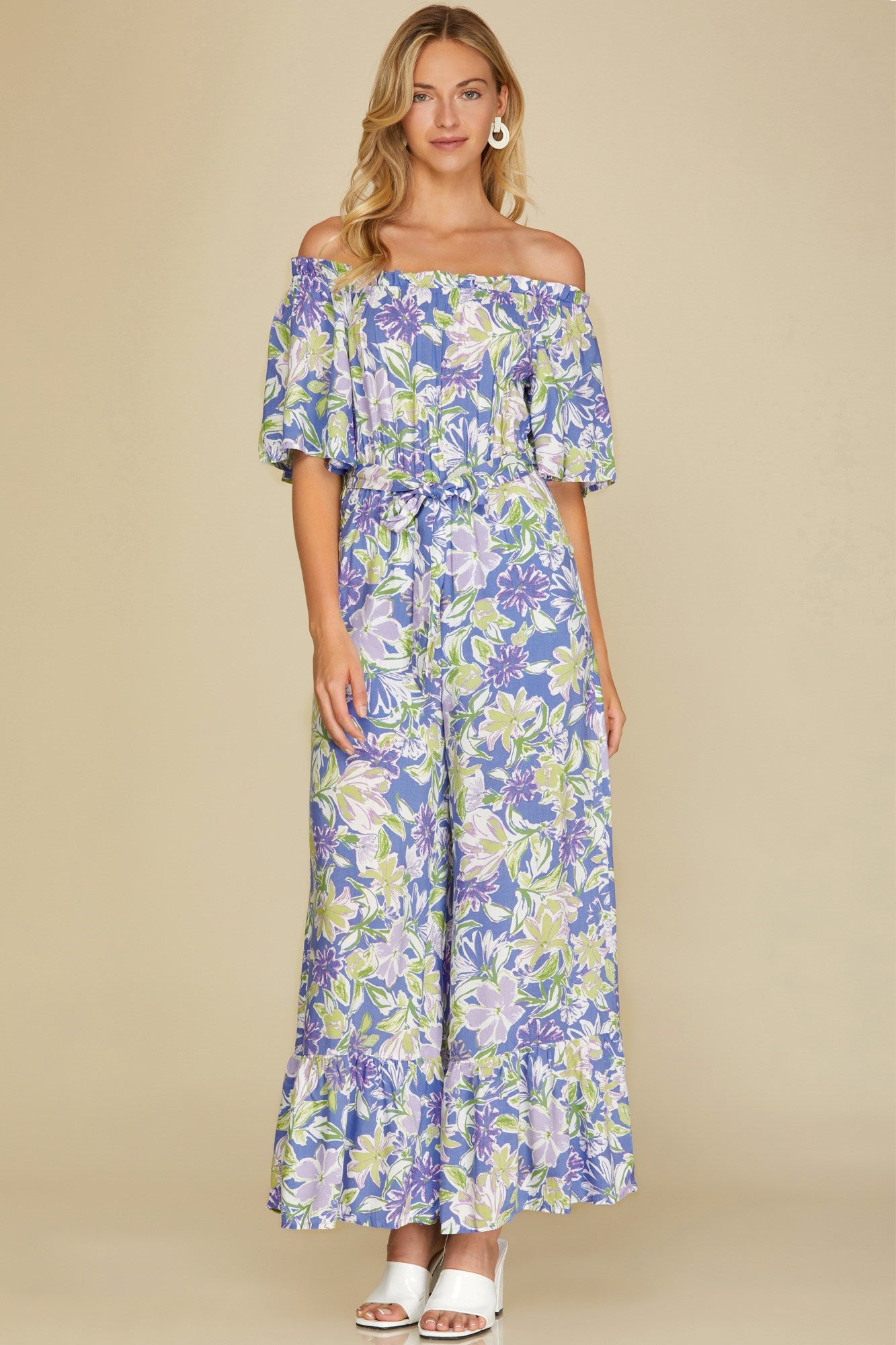She + Sky Ruffled Off Shoulder Flowy Jumpsuit - Violet Blue