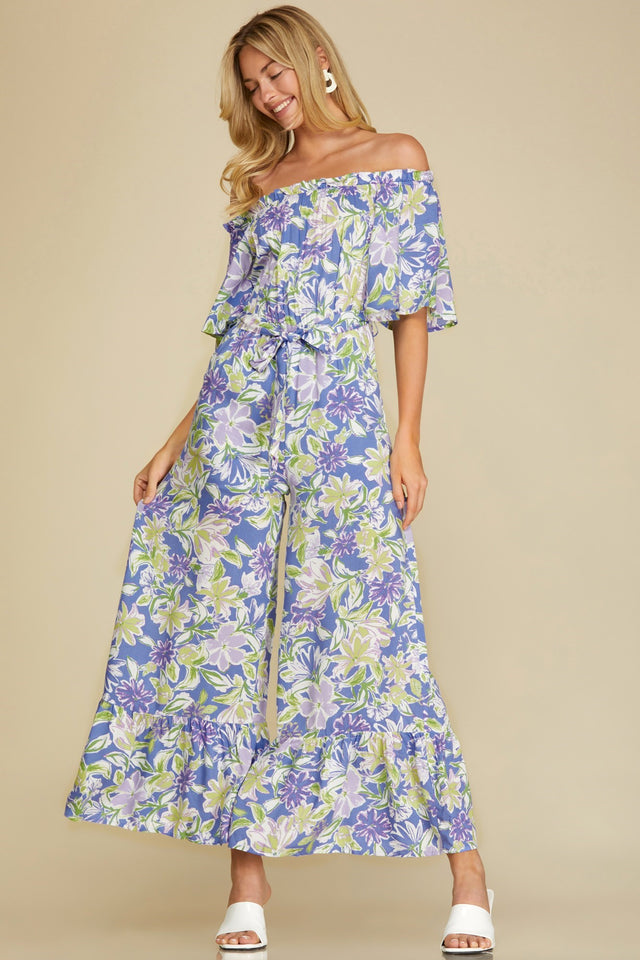 She + Sky Ruffled Off Shoulder Flowy Jumpsuit - Violet Blue