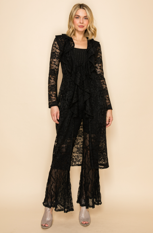 Vocal Elegant Sheer Ruffle Neck Lace Cardigan - Black