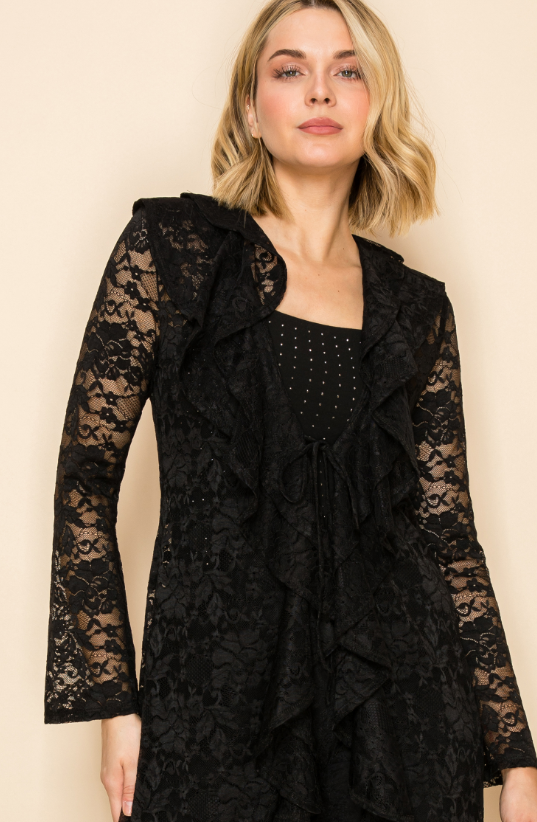 Vocal Elegant Sheer Ruffle Neck Lace Cardigan - Black