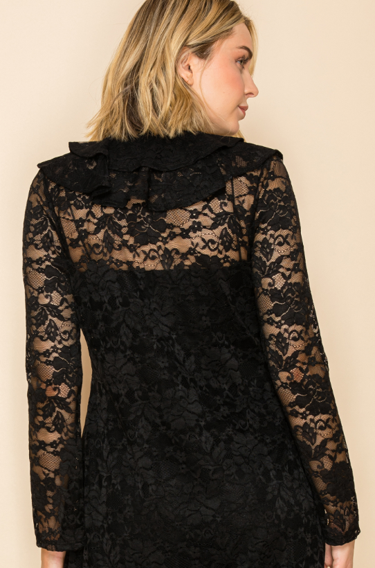 Vocal Elegant Sheer Ruffle Neck Lace Cardigan - Black