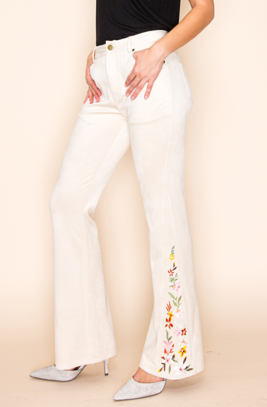 Vocal Retro Embroidered Suede Flare Jeans Pants - Natural