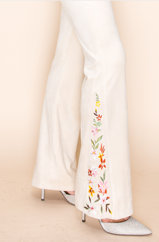 Vocal Retro Embroidered Suede Flare Jeans Pants - Natural