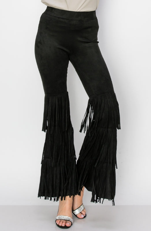 Vocal High-Waisted Tiered Fringe Suede Flare Pants – Black