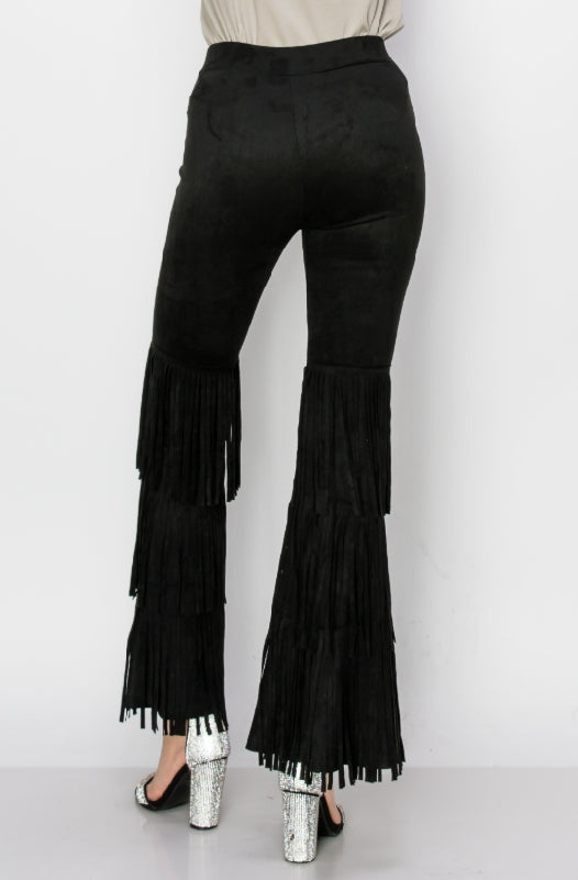 Vocal High-Waisted Tiered Fringe Suede Flare Pants – Black