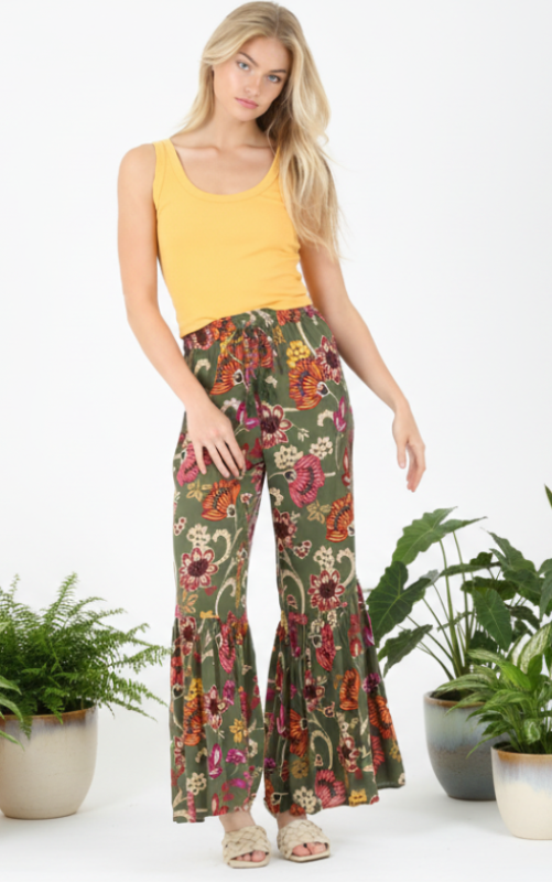 Angie Boho Floral Print Ruffle Hem Pants - Olive