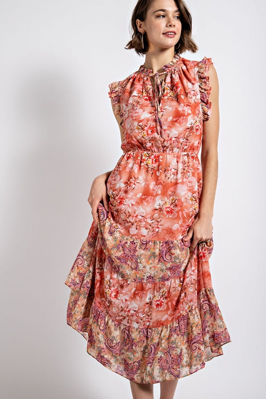 Gigio Floral Tiered Sun Midi Dress with Tie Neckline - Dusty Coral