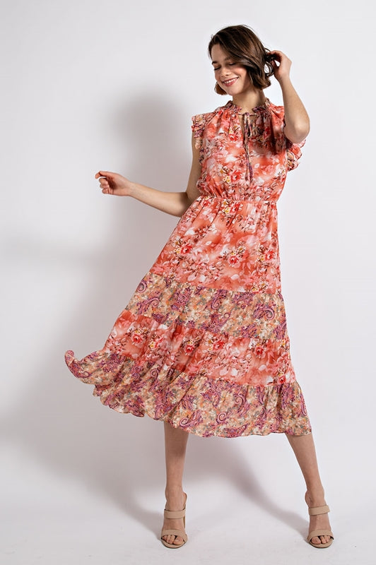 Gigio Floral Tiered Sun Midi Dress with Tie Neckline - Dusty Coral