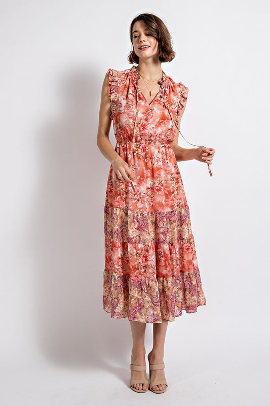 Gigio Floral Tiered Sun Midi Dress with Tie Neckline - Dusty Coral