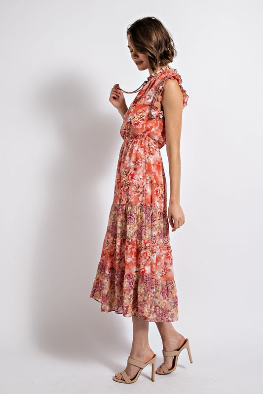 Gigio Floral Tiered Sun Midi Dress with Tie Neckline - Dusty Coral
