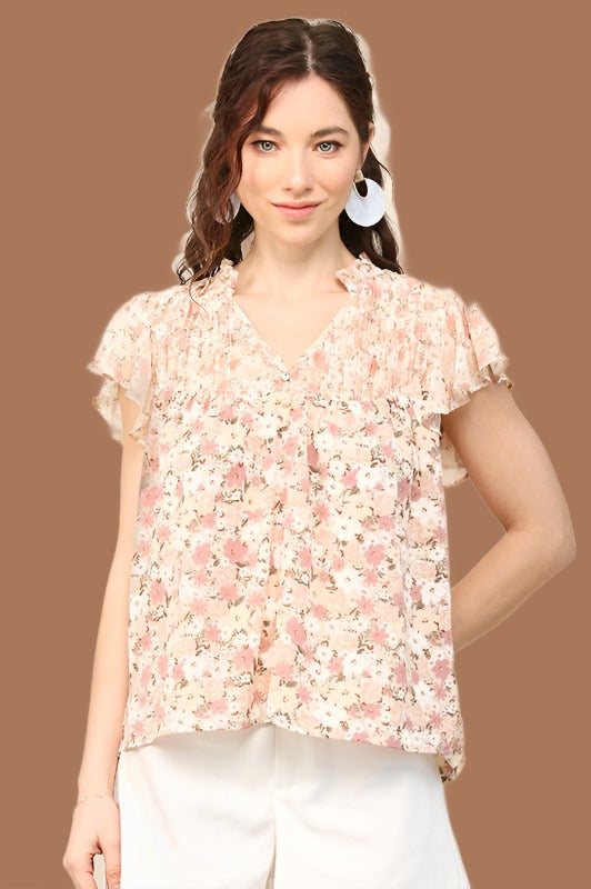 Gigio Chiffon Print Flare Sleeve Blouse - Blush Mauve
