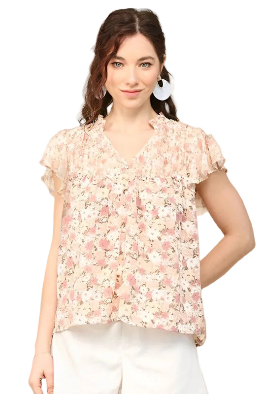Gigio Chiffon Print Flare Sleeve Blouse - Blush Mauve