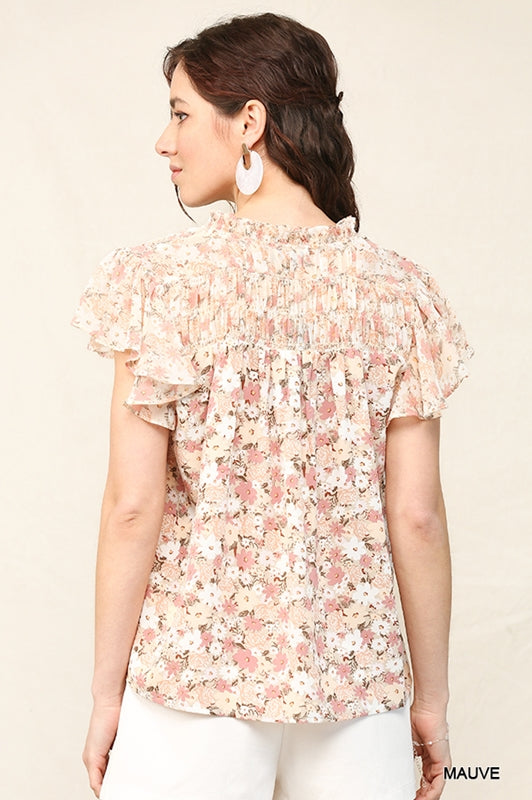 Gigio Chiffon Print Flare Sleeve Blouse - Blush Mauve