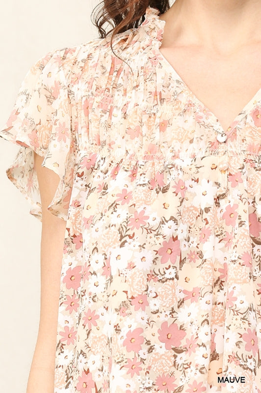 Gigio Chiffon Print Flare Sleeve Blouse - Blush Mauve