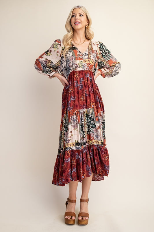 Gigio Boho Mixed Flower Print Midi Dress - Marsala