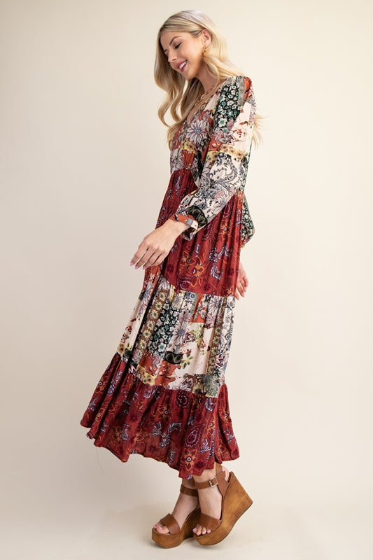 Gigio Boho Mixed Flower Print Midi Dress - Marsala