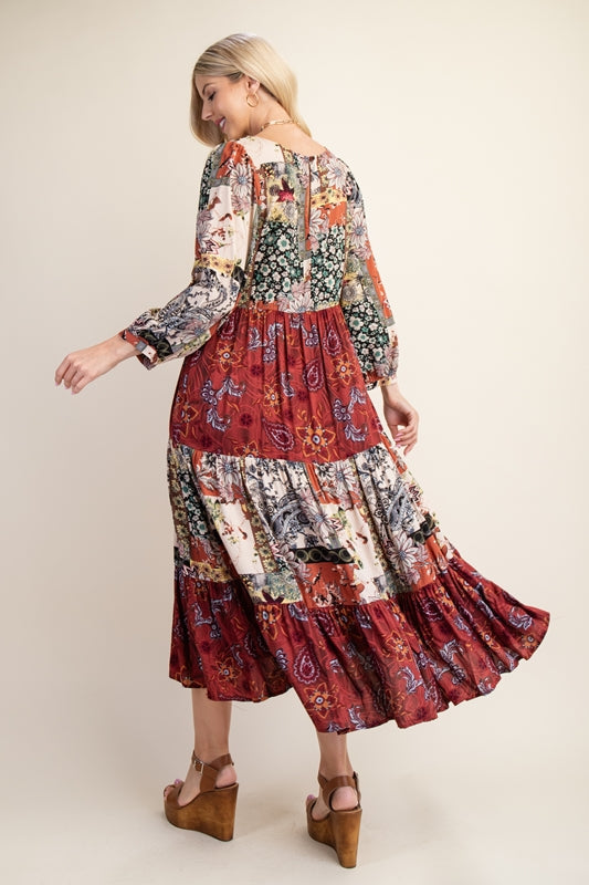 Gigio Boho Mixed Flower Print Midi Dress - Marsala