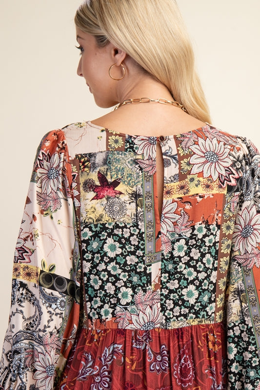 Gigio Boho Mixed Flower Print Midi Dress - Marsala