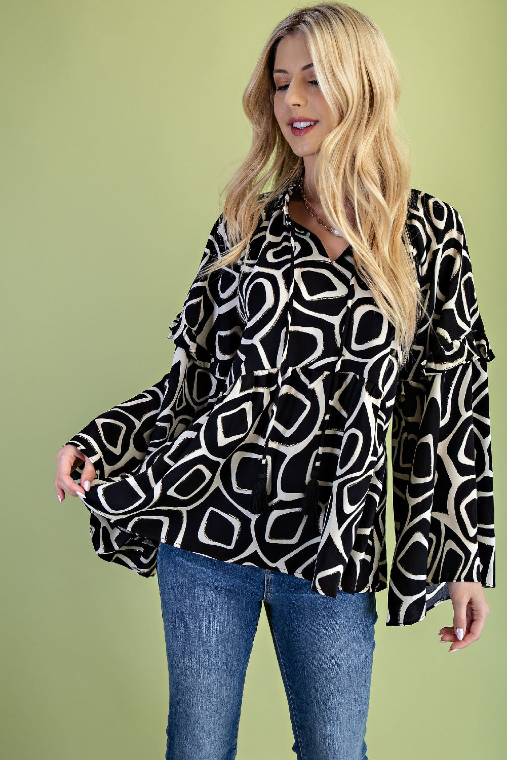 Glitter Accent Print Blouse with Ruffle Accent Bell Sleeves - Black Mix