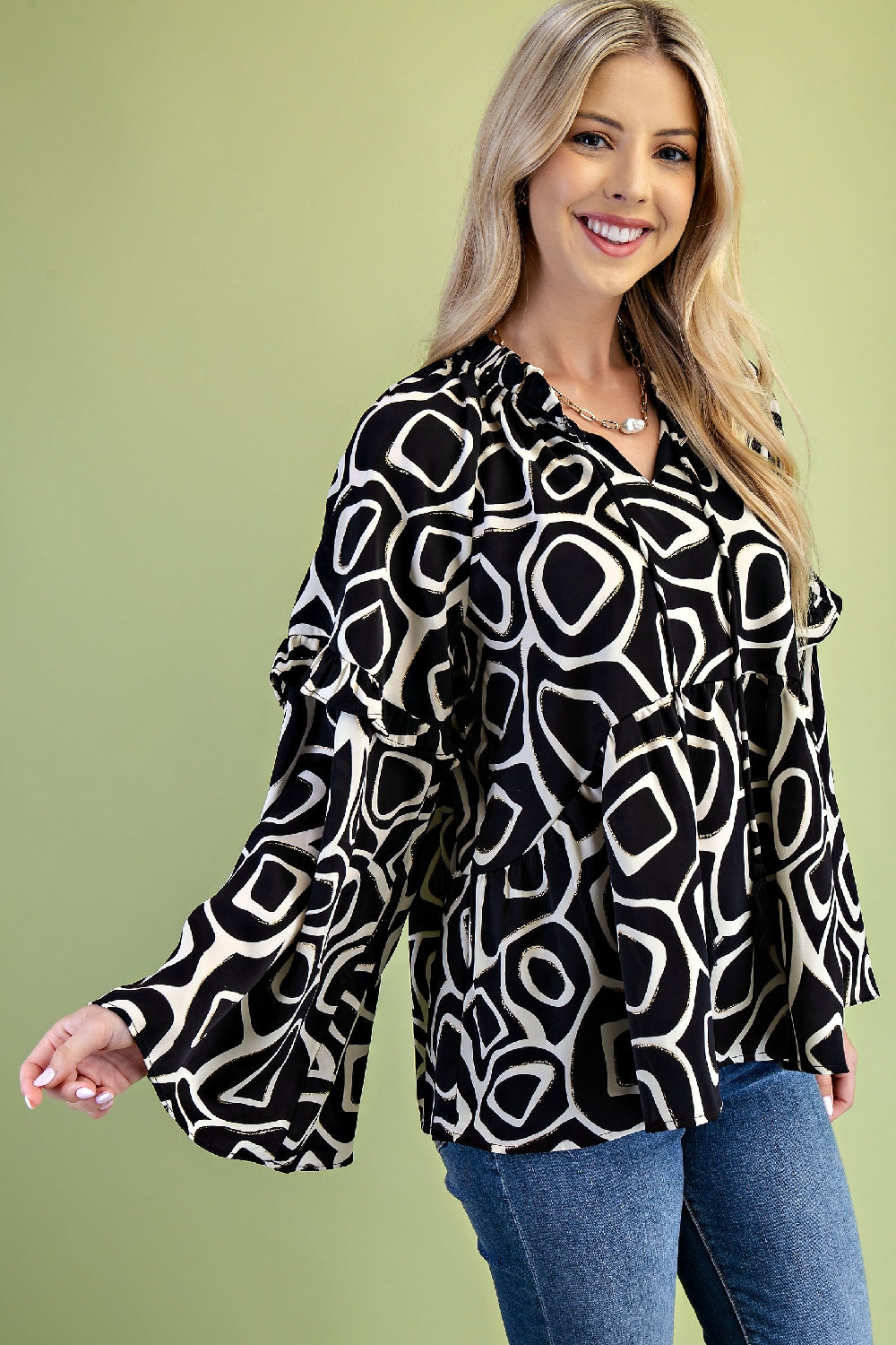 Glitter Accent Print Blouse with Ruffle Accent Bell Sleeves - Black Mix