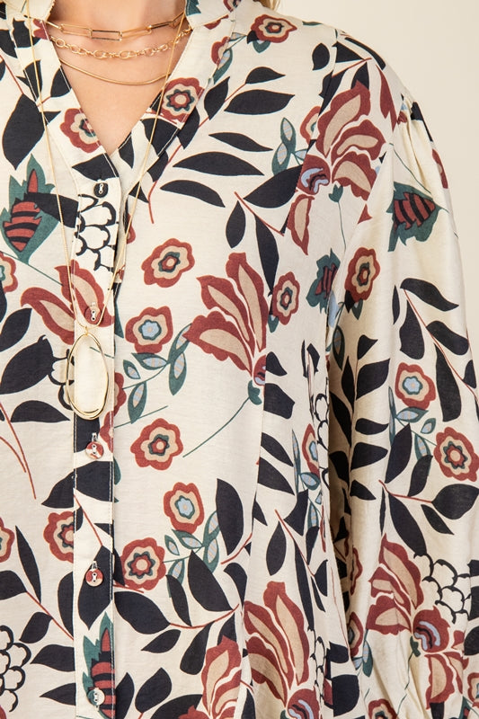 Gigio Mod Floral Shirt Flare Dress - Burgundy Mix