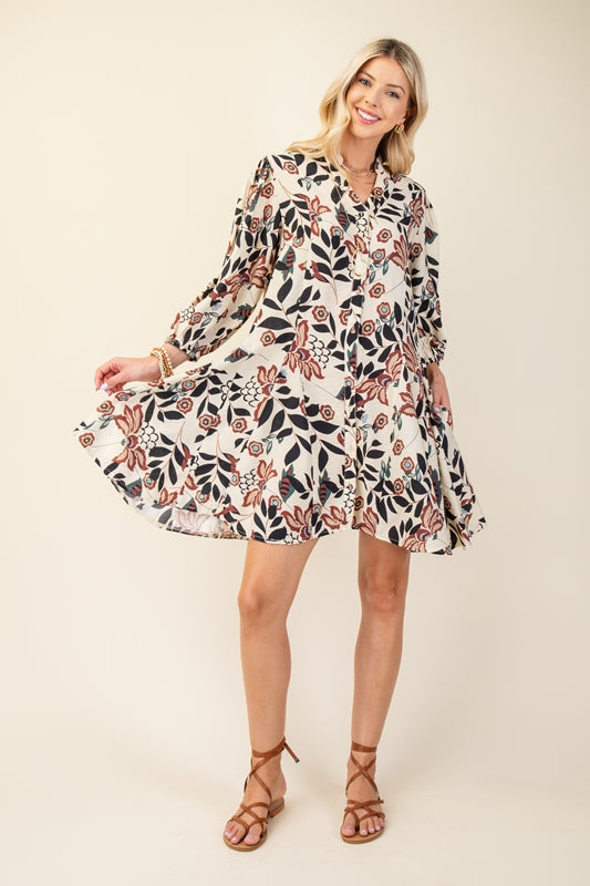 Gigio Mod Floral Shirt Flare Dress - Burgundy Mix