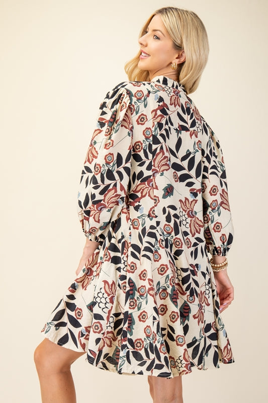 Gigio Mod Floral Shirt Flare Dress - Burgundy Mix