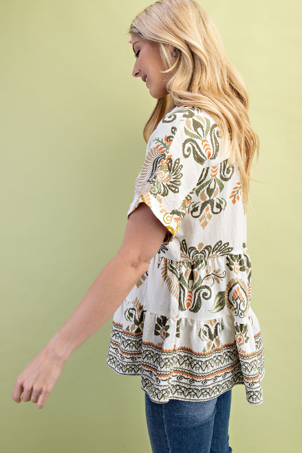 Gigio Print Tiered Babydoll Top with Embroidery - Olive