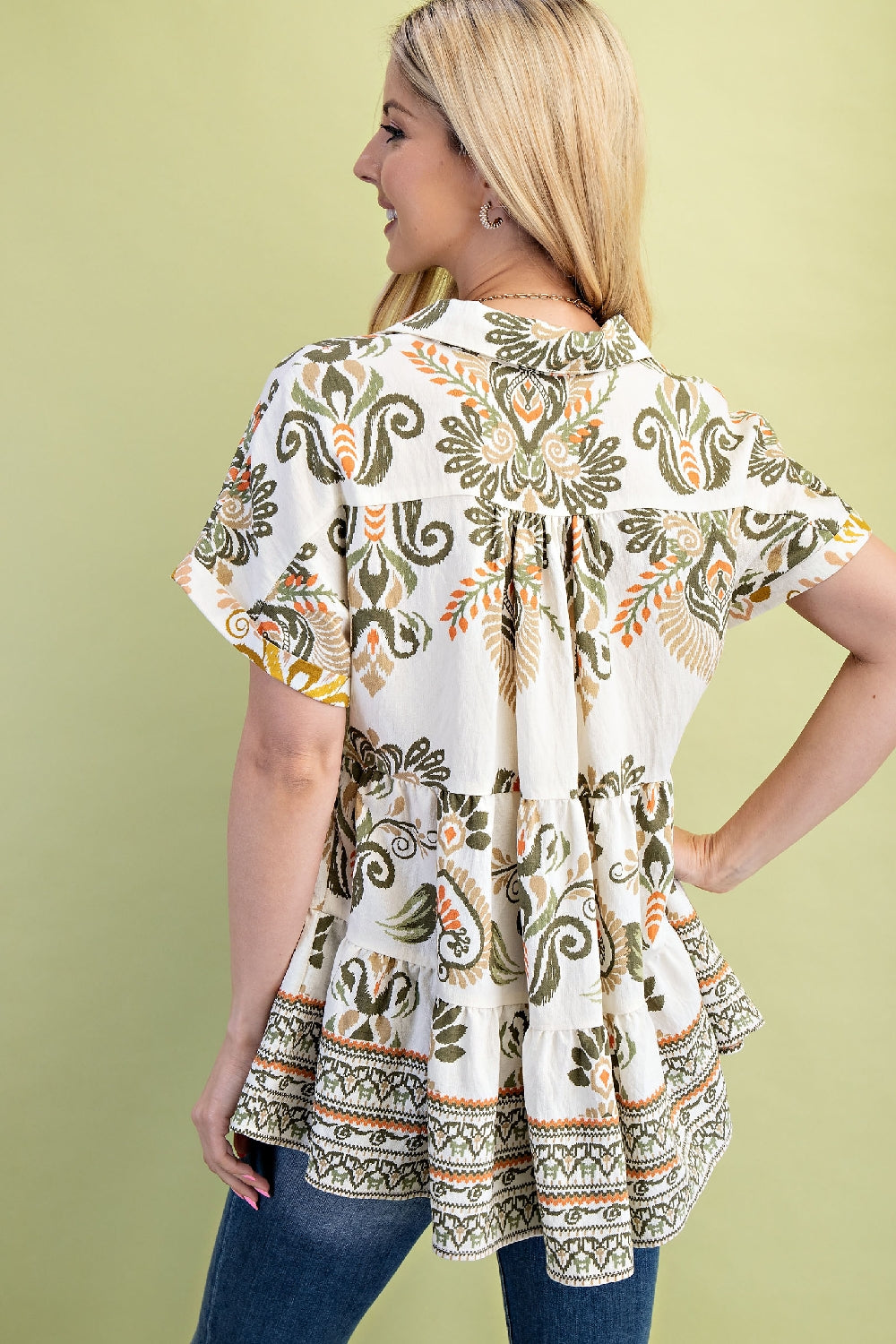 Gigio Print Tiered Babydoll Top with Embroidery - Olive