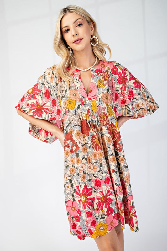 Gigio Cape Sleeve Floral Print Dress - Rose Pink