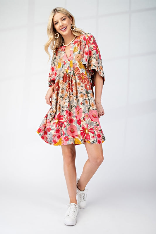 Gigio Cape Sleeve Floral Print Dress - Rose Pink