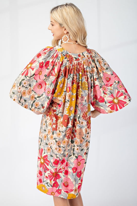 Gigio Cape Sleeve Floral Print Dress - Rose Pink