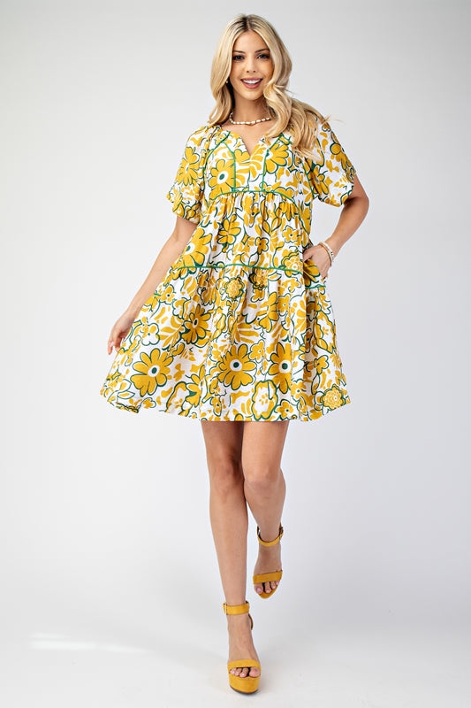 Gigio Short Sleeve Babydoll Dress with Trim - Mustard Green