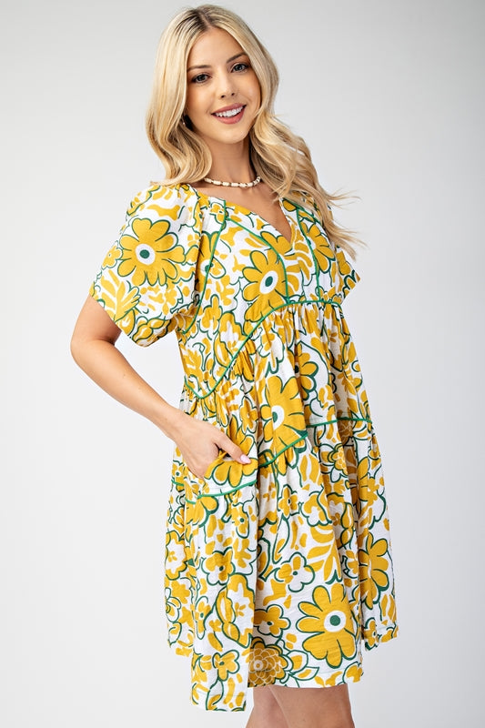 Gigio Short Sleeve Babydoll Dress with Trim - Mustard Green