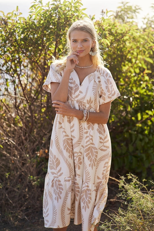 Gigio Short Sleeve Boho Leaf Print Midi Dress - Beige