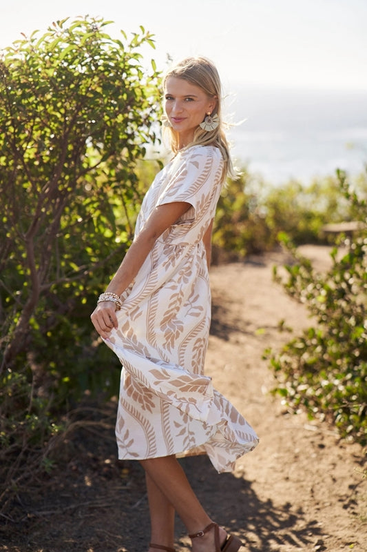 Gigio Short Sleeve Boho Leaf Print Midi Dress - Beige
