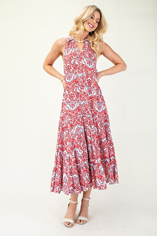 Gigio Boho Racer Collared Print Midi Dress - Red
