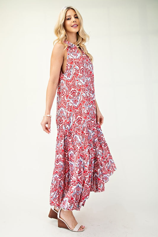 Gigio Boho Racer Collared Print Midi Dress - Red