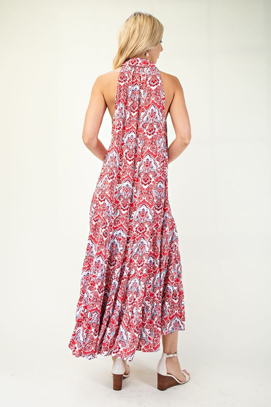 Gigio Boho Racer Collared Print Midi Dress - Red