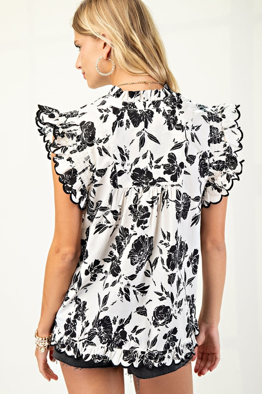 Gigio Ruffle Sleeve Scallop Floral Babydoll Blouse - Soft White